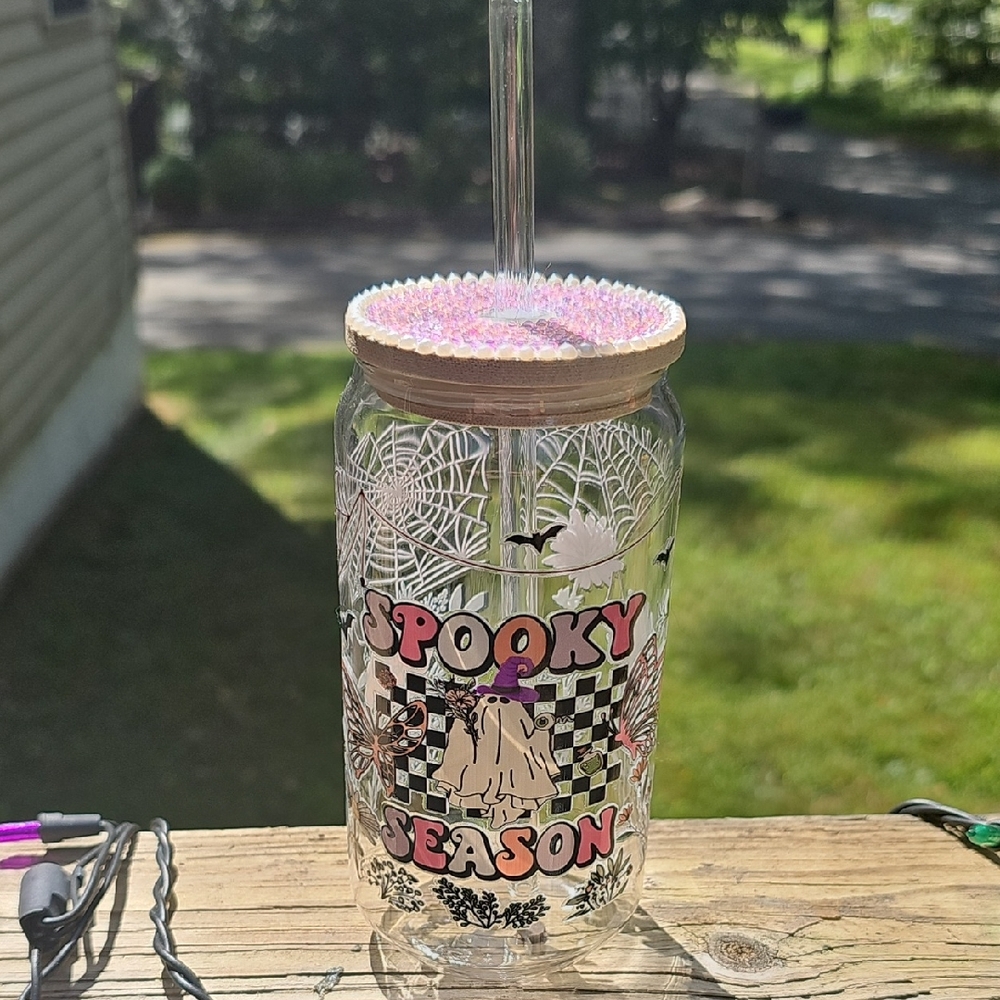Spooky Season Glass Tumbler with Straw